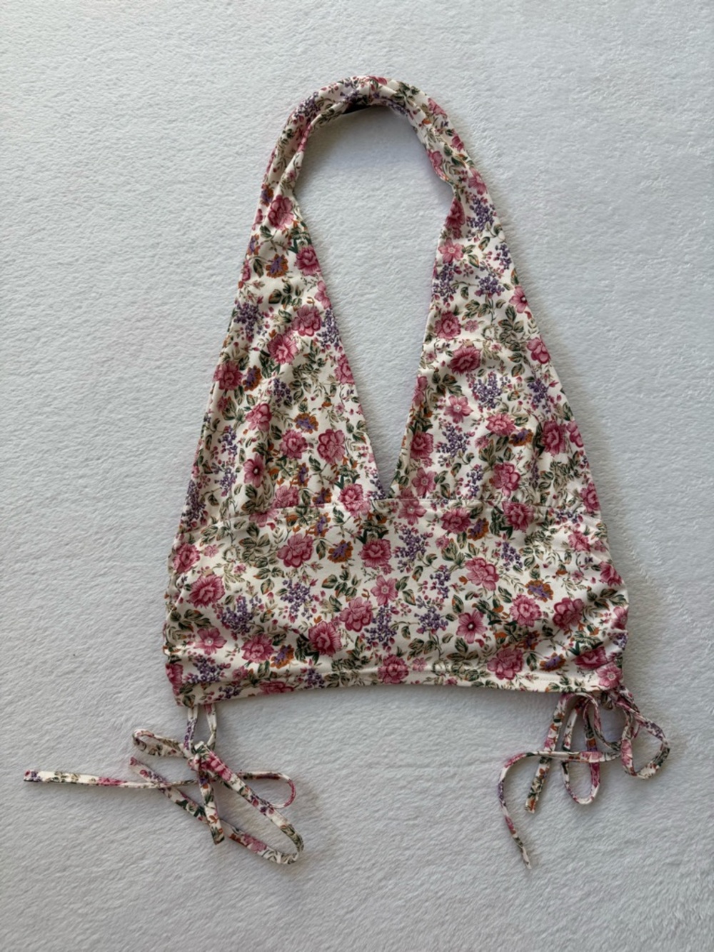 SHEIN Cream Floral Halter Crop Top with Pink and Purple Flowers